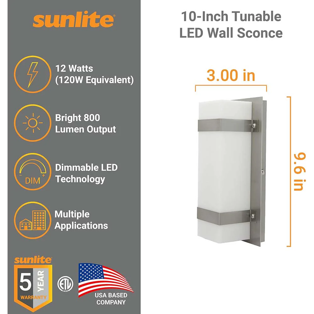 Sunlite 10-In 12w LED Wall Sconce CCT Selectable Dimmable 120v - 120w equiv - Image 2