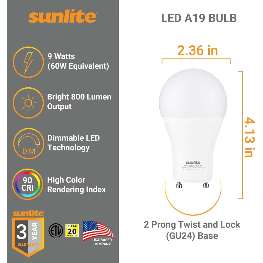 Sunlite 10w LED A19 800Lm GU24 Base Dimmable 3000K Warm White Bulb - 60w equiv - Image 2