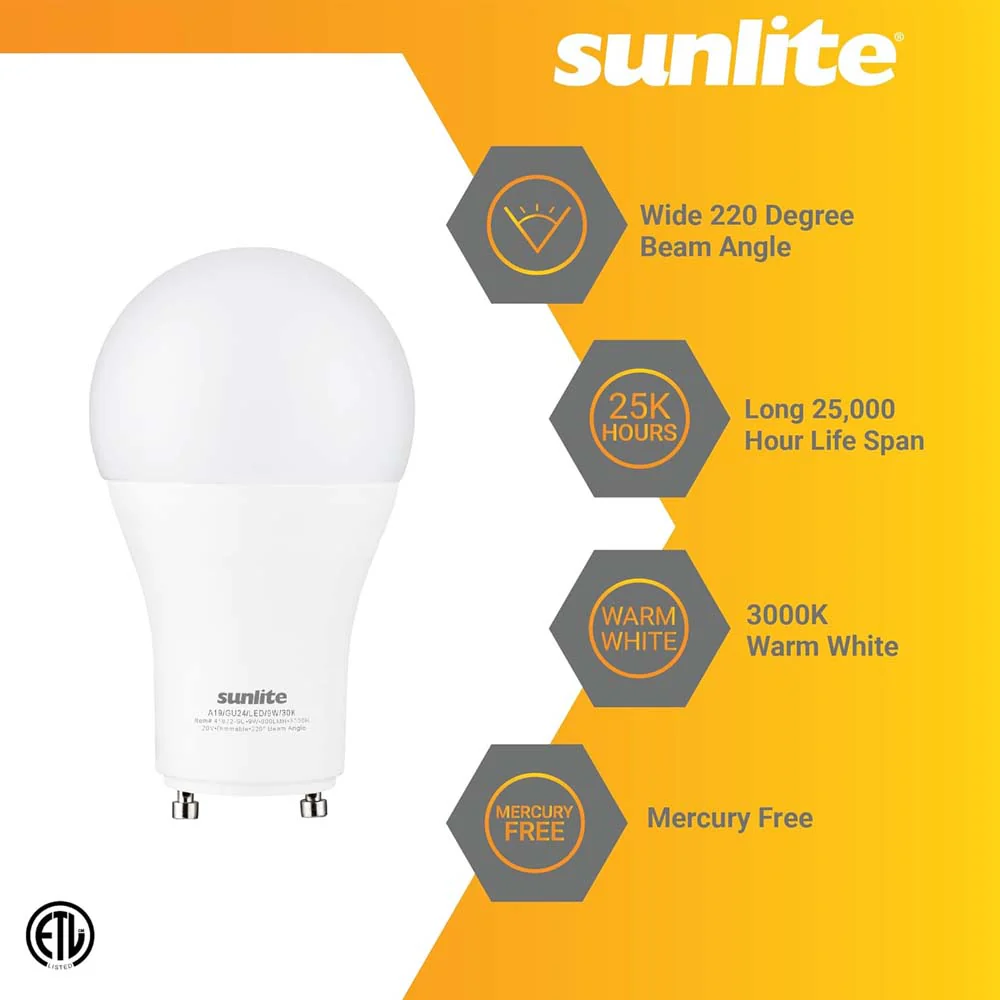 Sunlite 10w LED A19 800Lm GU24 Base Dimmable 3000K Warm White Bulb - 60w equiv - Image 3