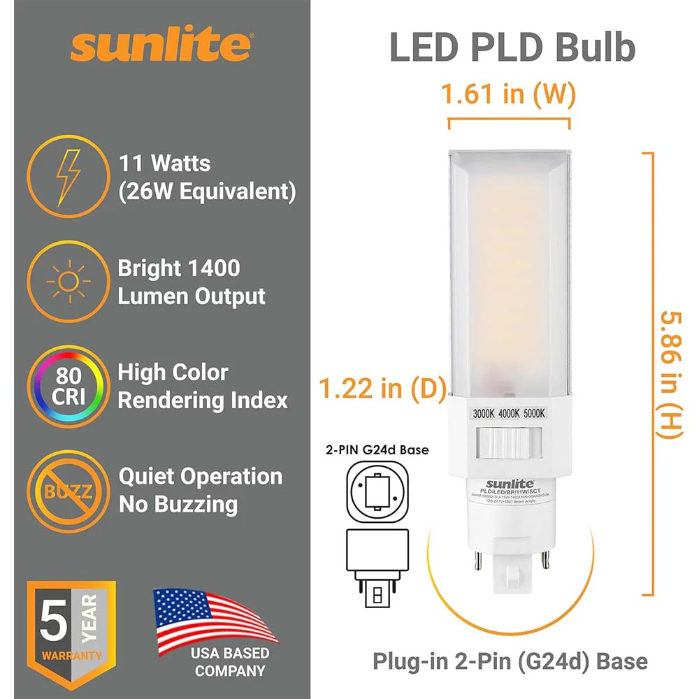 Sunlite 11w LED PLD Horizontal Bulb G24d 2 Pin Base CCT Tunable Ballast Bypass - Image 2