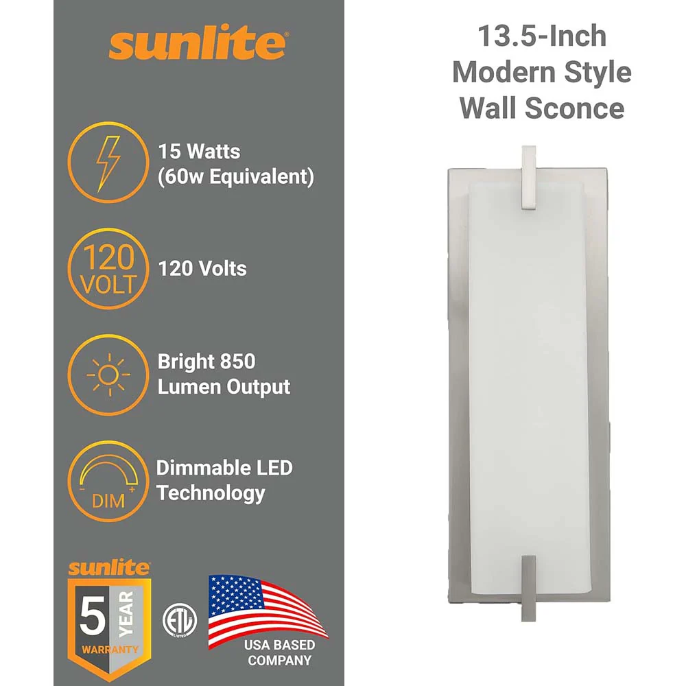 Sunlite 12.3-In 15w LED Modern Wall Sconce Fixture 3000K Dimmable - 60w equiv - Image 3
