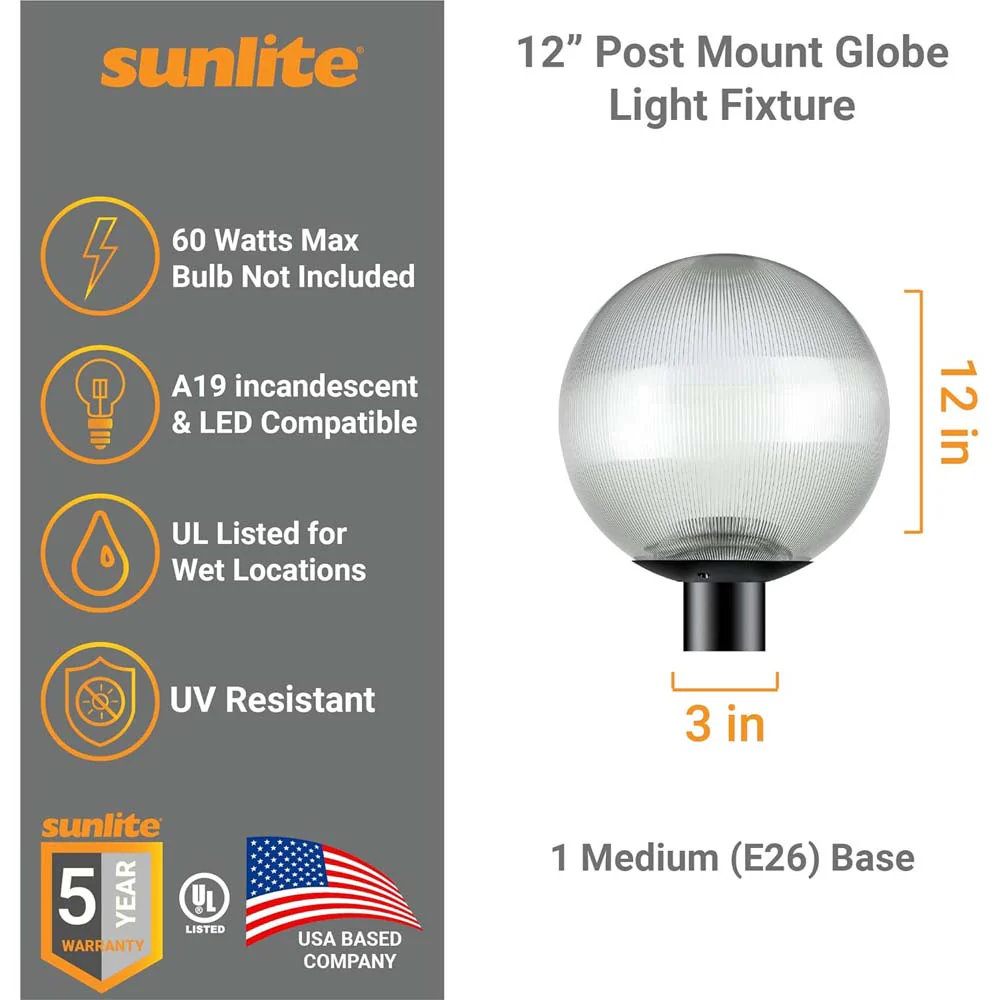 Sunlite 12-in Decorative Outdoor E26 Base Clear Globe Post Mount Fixture - Image 5