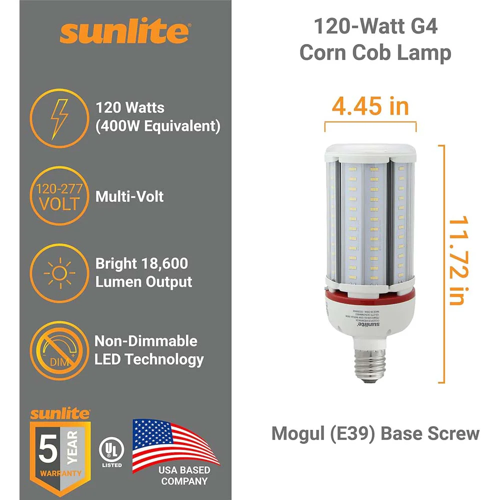 Sunlite 120w LED G4 Corncob Bulb 120-277v E39 Mogul Base 5000K Bulb - 600w Equiv - Image 2