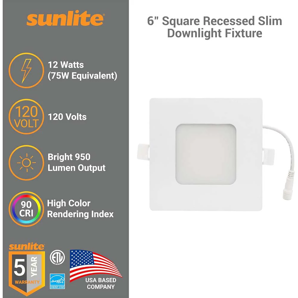 Sunlite 12w LED 6-in Square Recessed Slim Downlight CCT Selectable - 75W equiv - Image 4