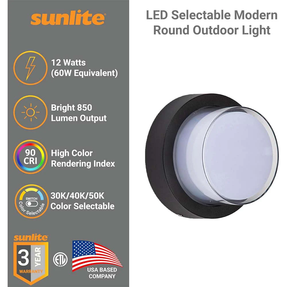 Sunlite 12w LED Black Round Modern Outdoor Fixture CCT Selectable - 60w equiv - Image 3
