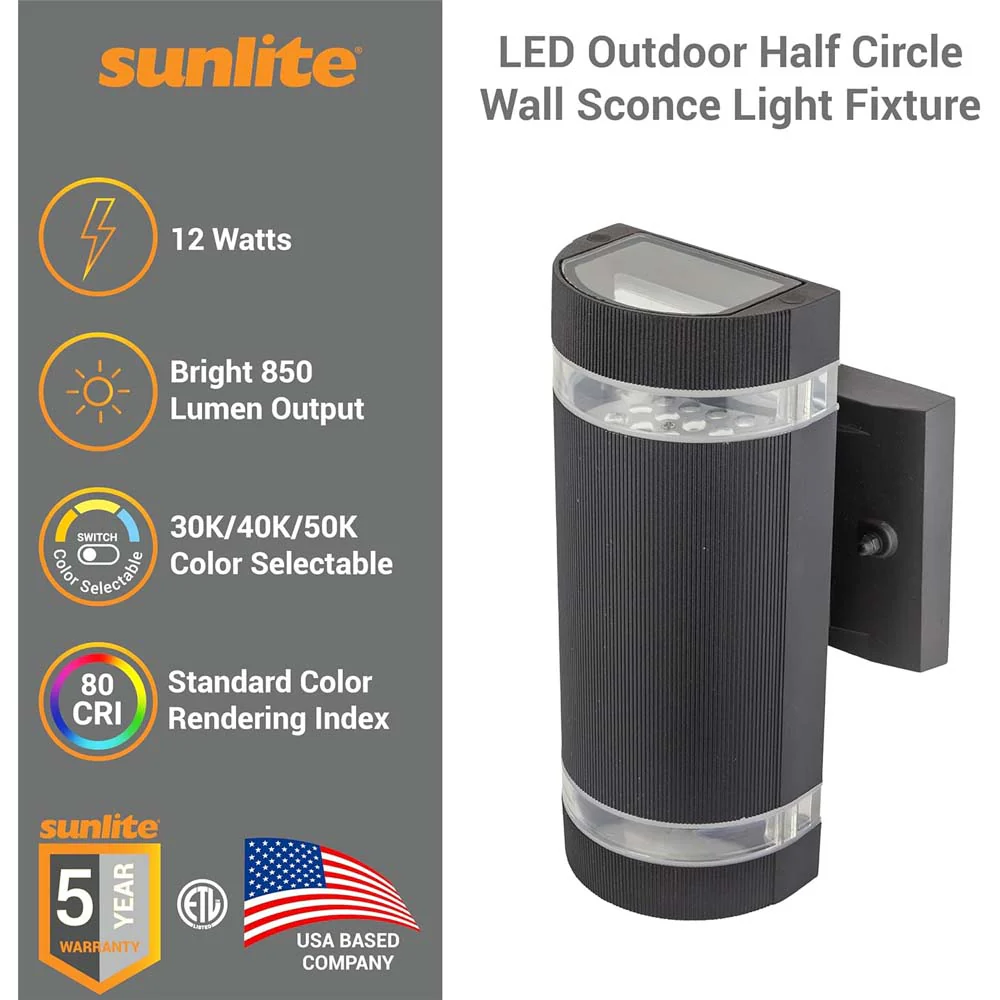 Sunlite 12w LED Half Circle Up/Down CCT Selectable Outdoor Wall Sconce Fixture - Image 3