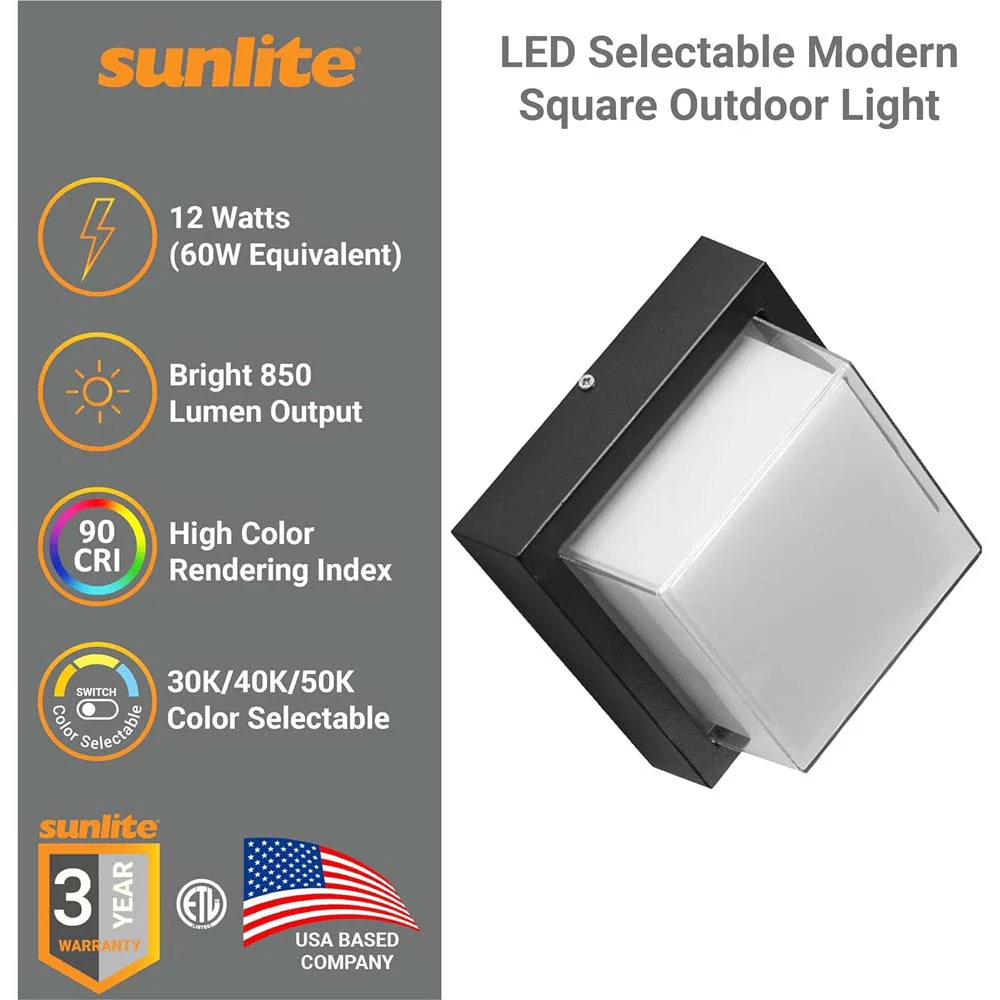 Sunlite 12w LED Square Modern Outdoor Light Fixture CCT Selectable - 60w equiv - Image 2