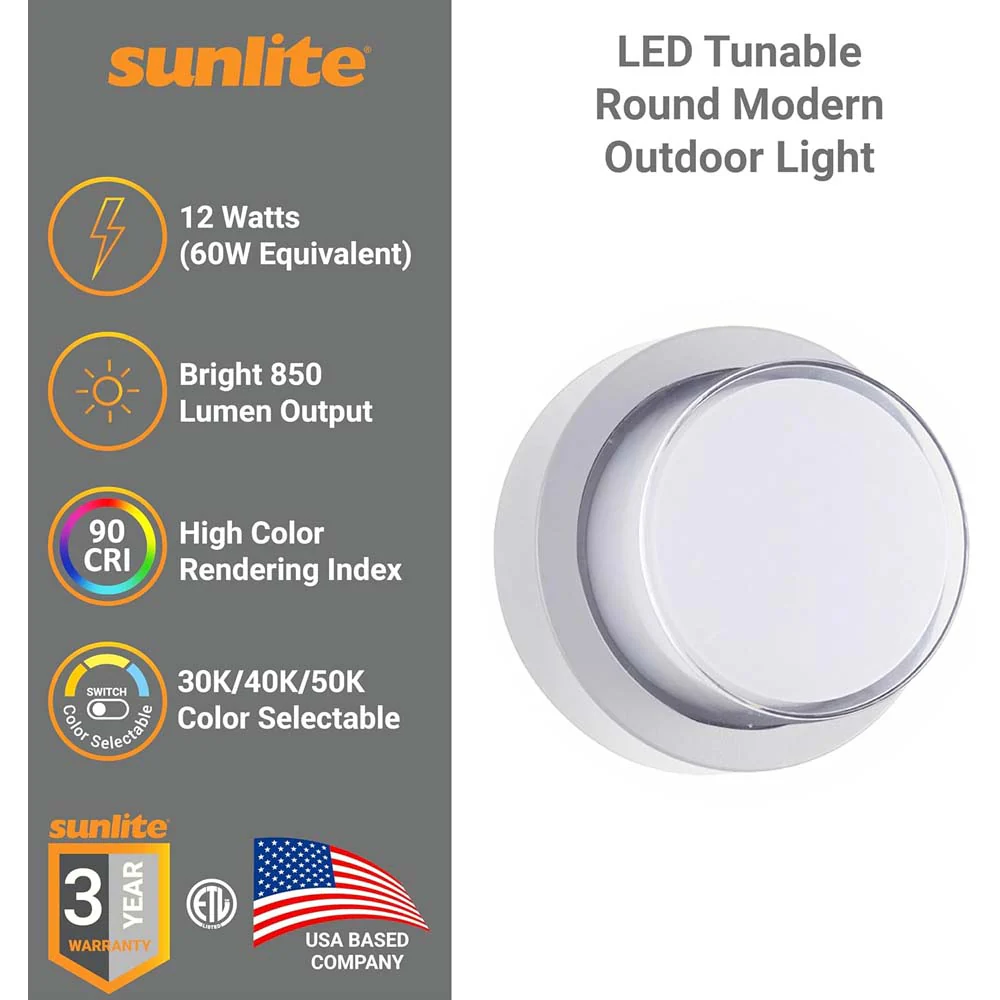 Sunlite 12w LED White Round Modern Outdoor Fixture CCT Selectable - 60w equiv - Image 3