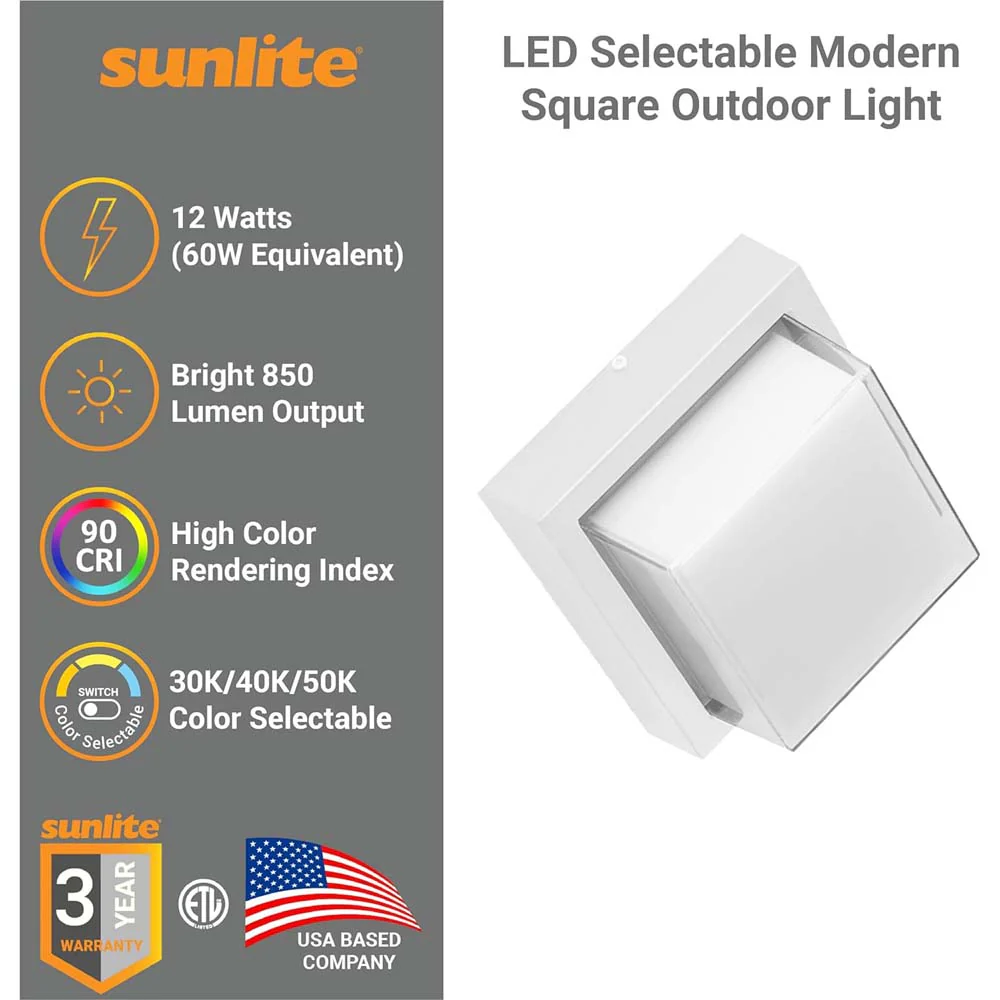 Sunlite 12w LED White Square Modern Outdoor Fixture CCT Selectable - 60w equiv - Image 2