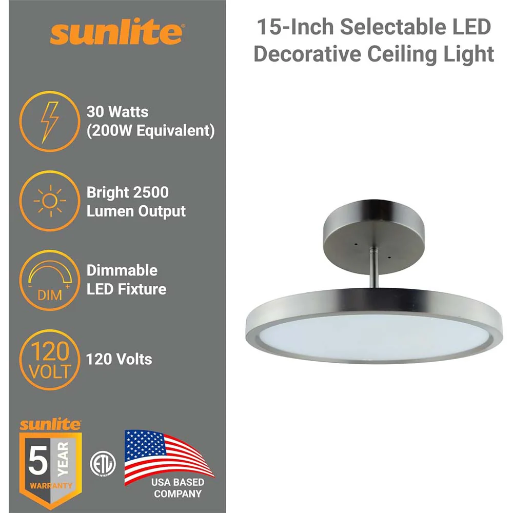 Sunlite 15-in 30w LED Modern Ceiling Mount Fixture CCT Selectable - 200w equiv - Image 3