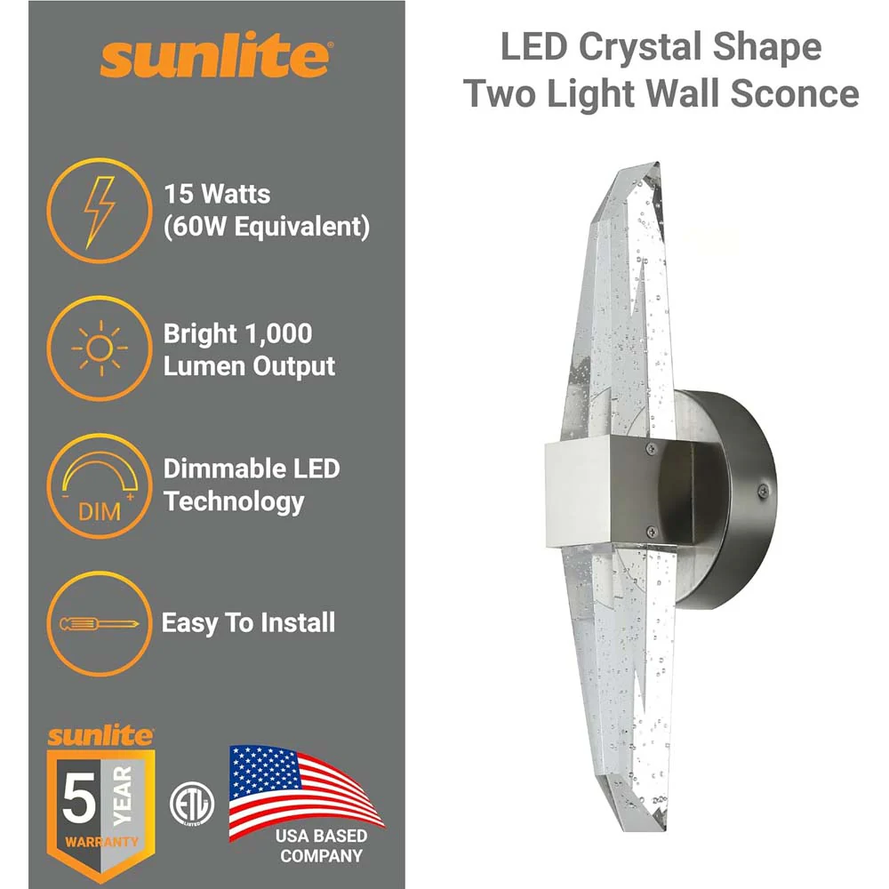 Sunlite 15w LED Crystal Shape Two Light Wall Sconce 3000K Dimmable - 60w equiv - Image 3