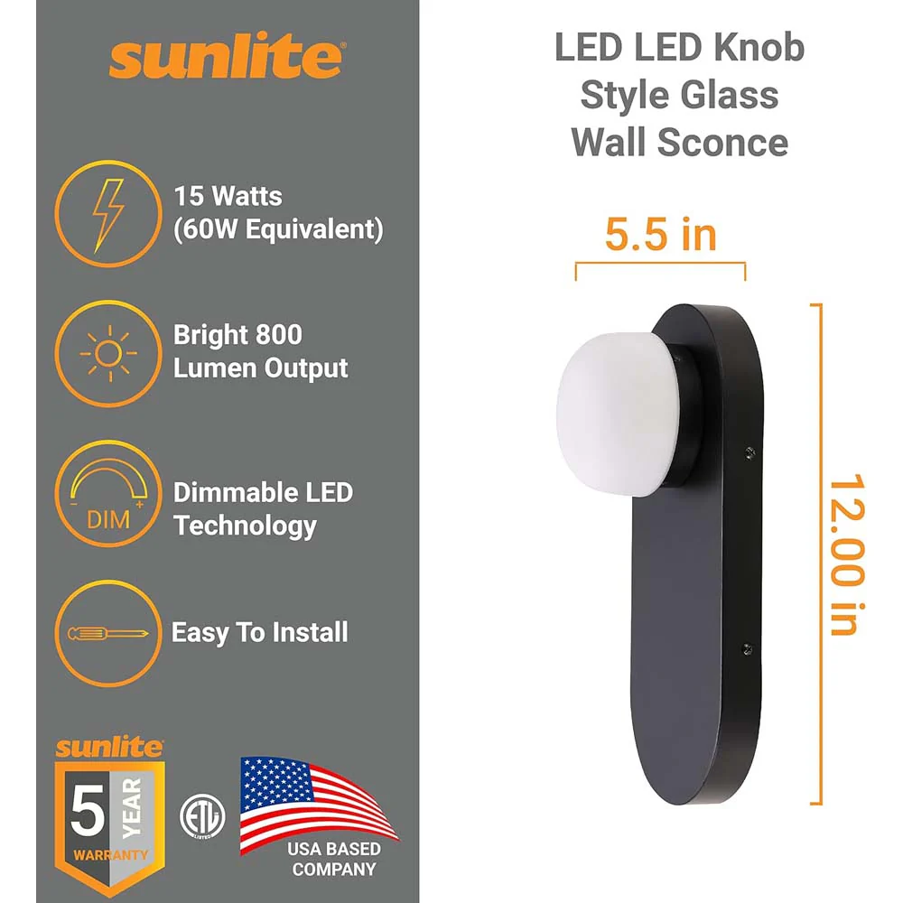 Sunlite 15w LED Knob Style Glass Wall Sconce Fixture 3000K Dimmable - 60w equiv - Image 2