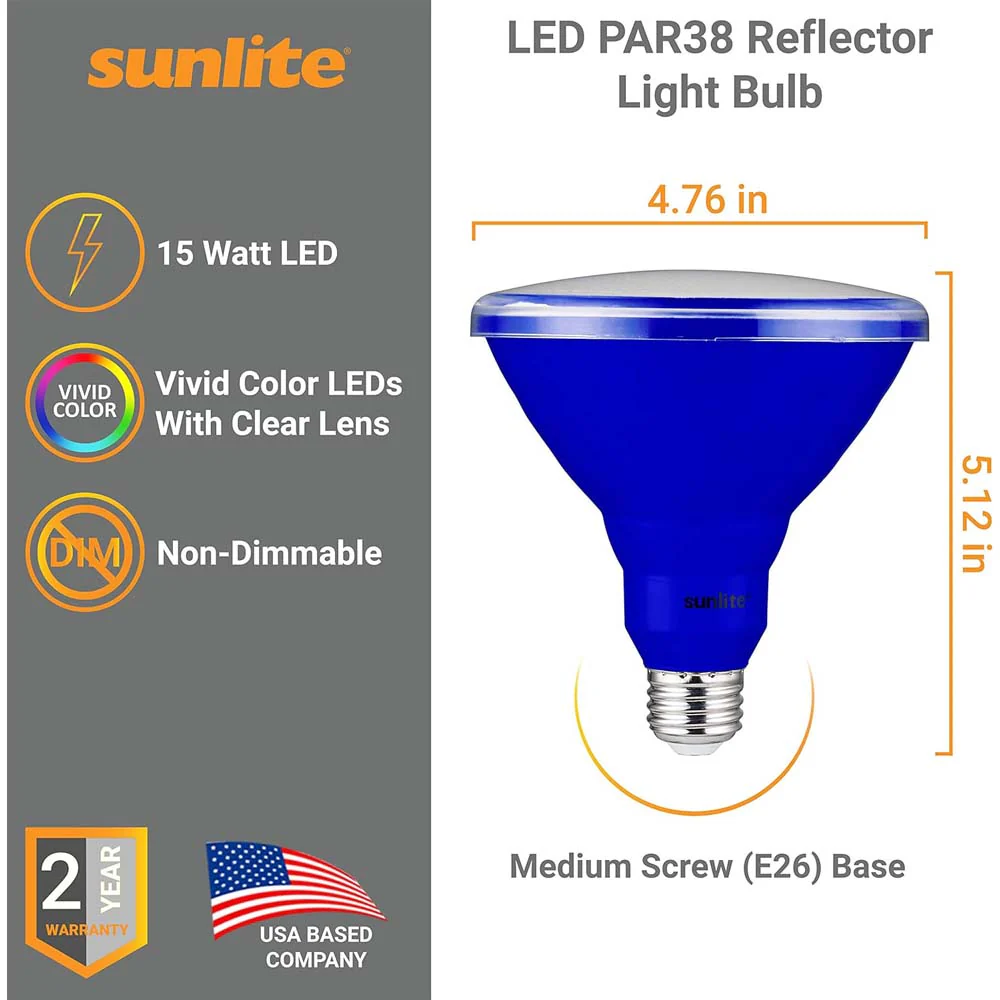Sunlite 15w LED PAR38 Blue Colored E26 Base Floodlight Bulb - 75W Equiv - Image 2