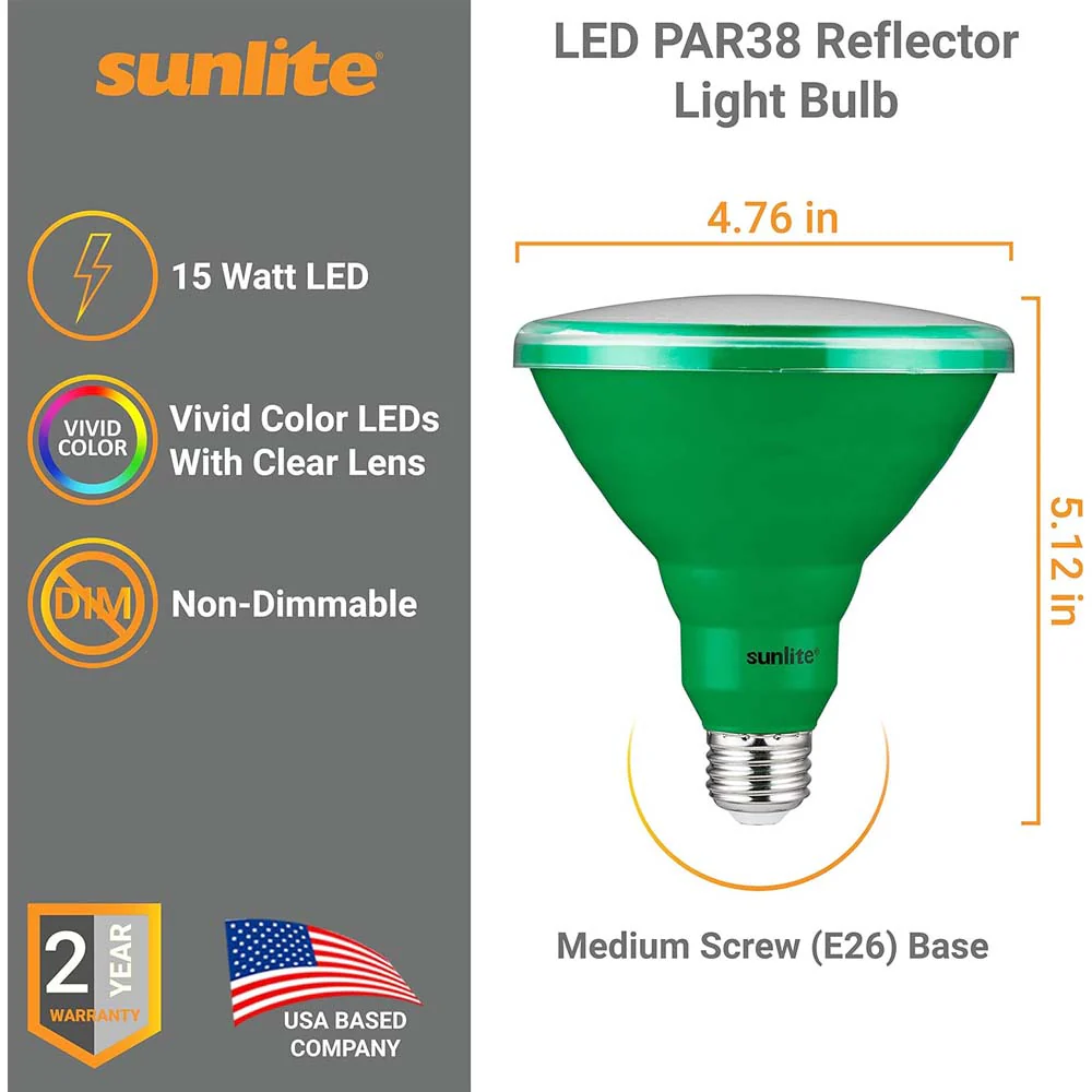 Sunlite 15w LED PAR38 Green Colored E26 Base Floodlight Bulb - 75W Equiv - Image 2