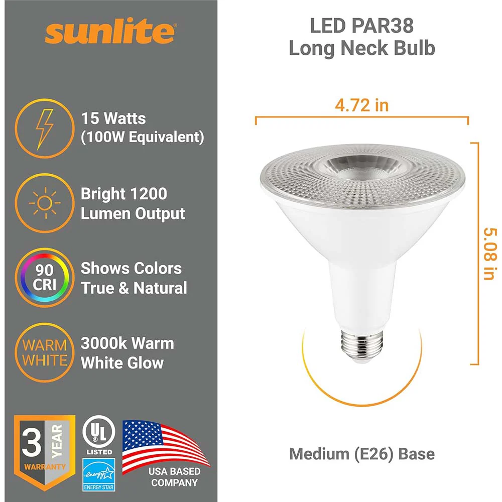 Sunlite 15w LED PAR38 Long Neck E26 Dimmable 3000K Spot Bulb - 100W Equiv - Image 2