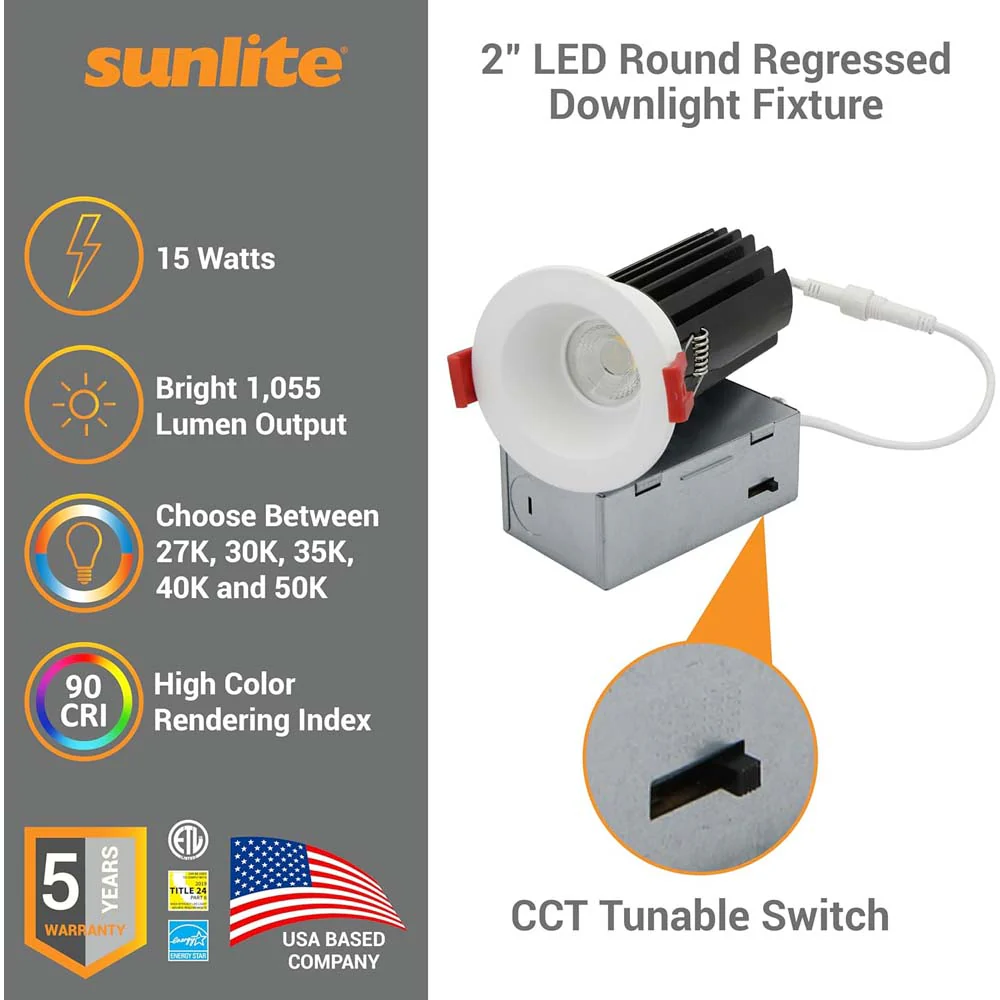 Sunlite 2-In 15w LED Round Regressed Downlight Fixture CCT Selectable Dimmable - Image 3