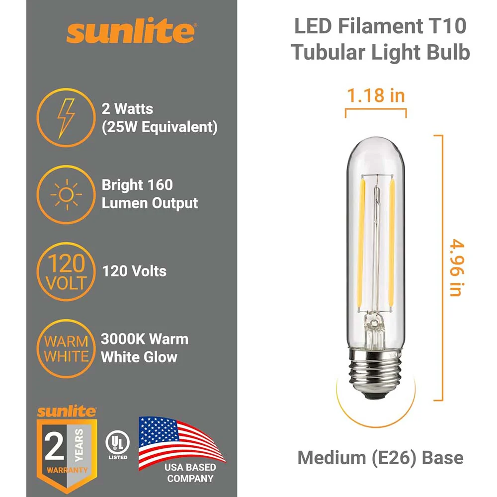 Sunlite 2w LED Filament T10 Tubular E26 Base 3000K Bulb - 25W Equiv - Image 2