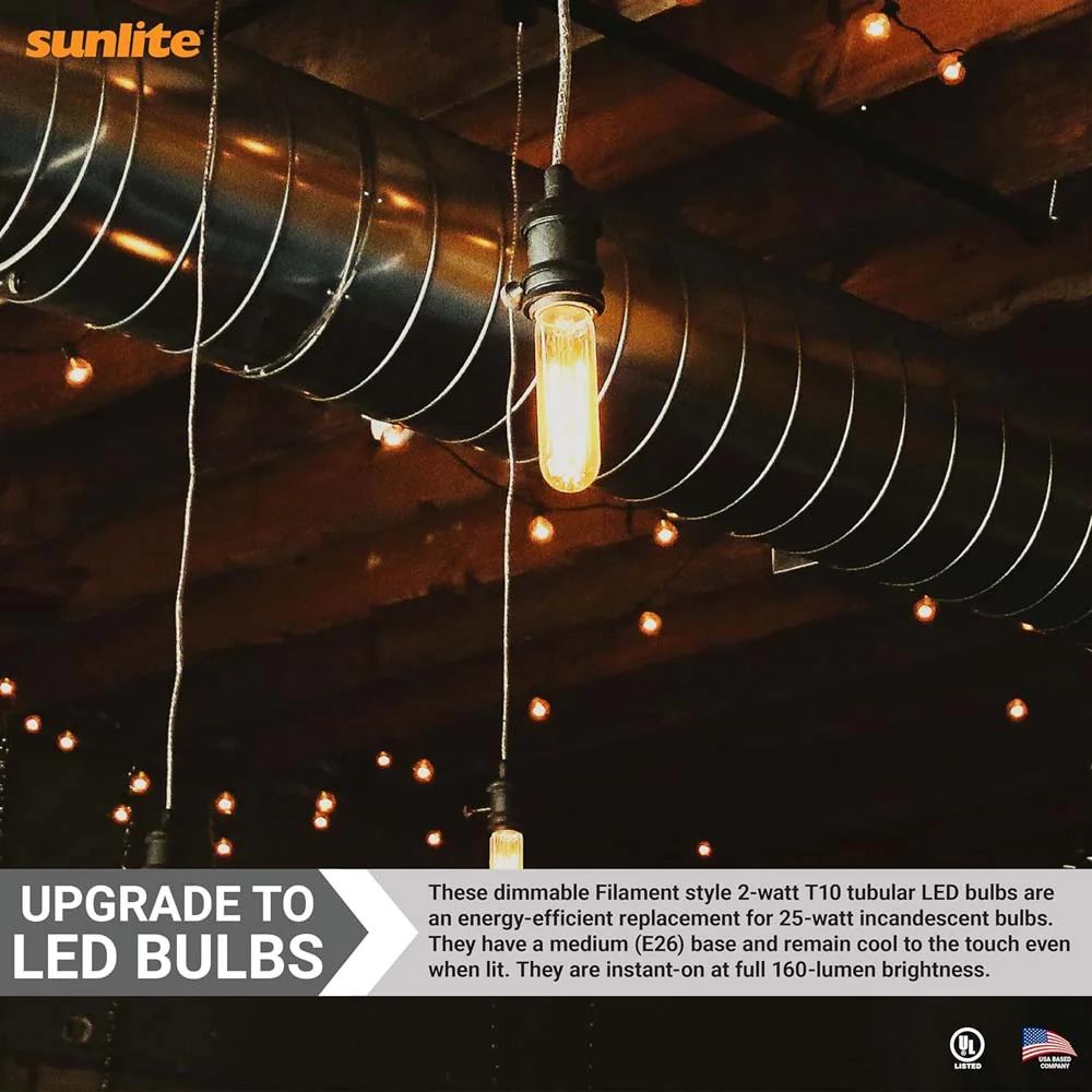 Sunlite 2w LED Filament T10 Tubular E26 Base Clear 5000K Bulb - 25W Equiv - Image 3