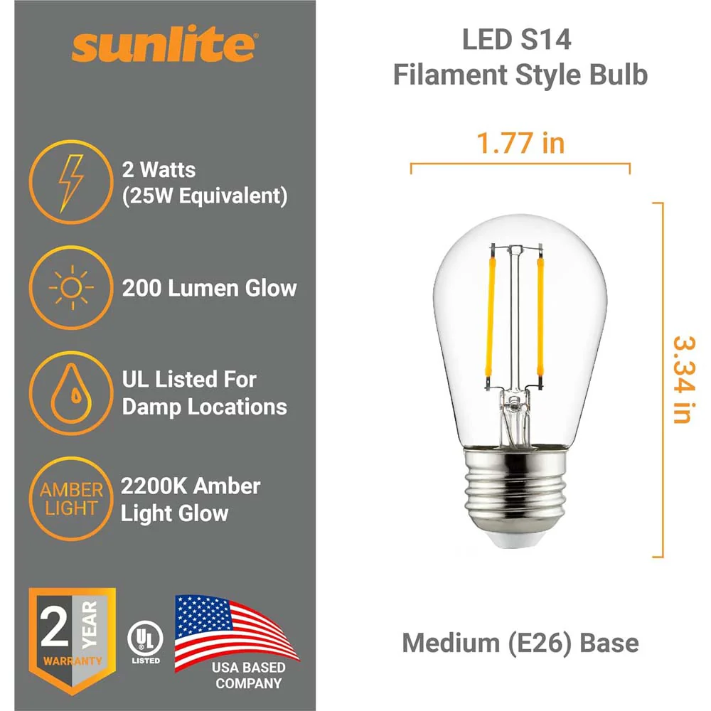 Sunlite 2w LED S14 Filament Style String E26 Base 2700K Warm White Bulb - Image 2