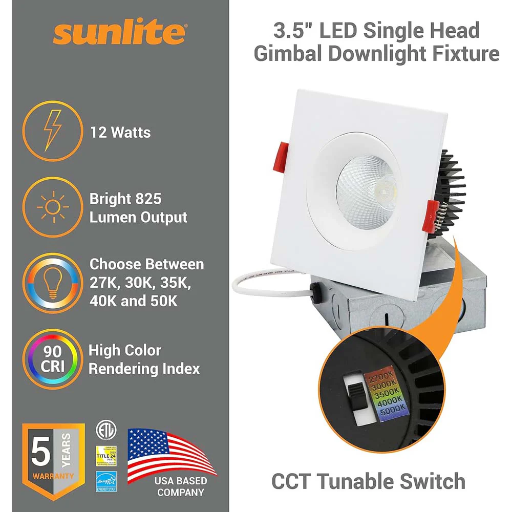 Sunlite 3.5-in 12w LED Single Head Gimbal Downlight Fixture CCT Tunable Dimmable - Image 3