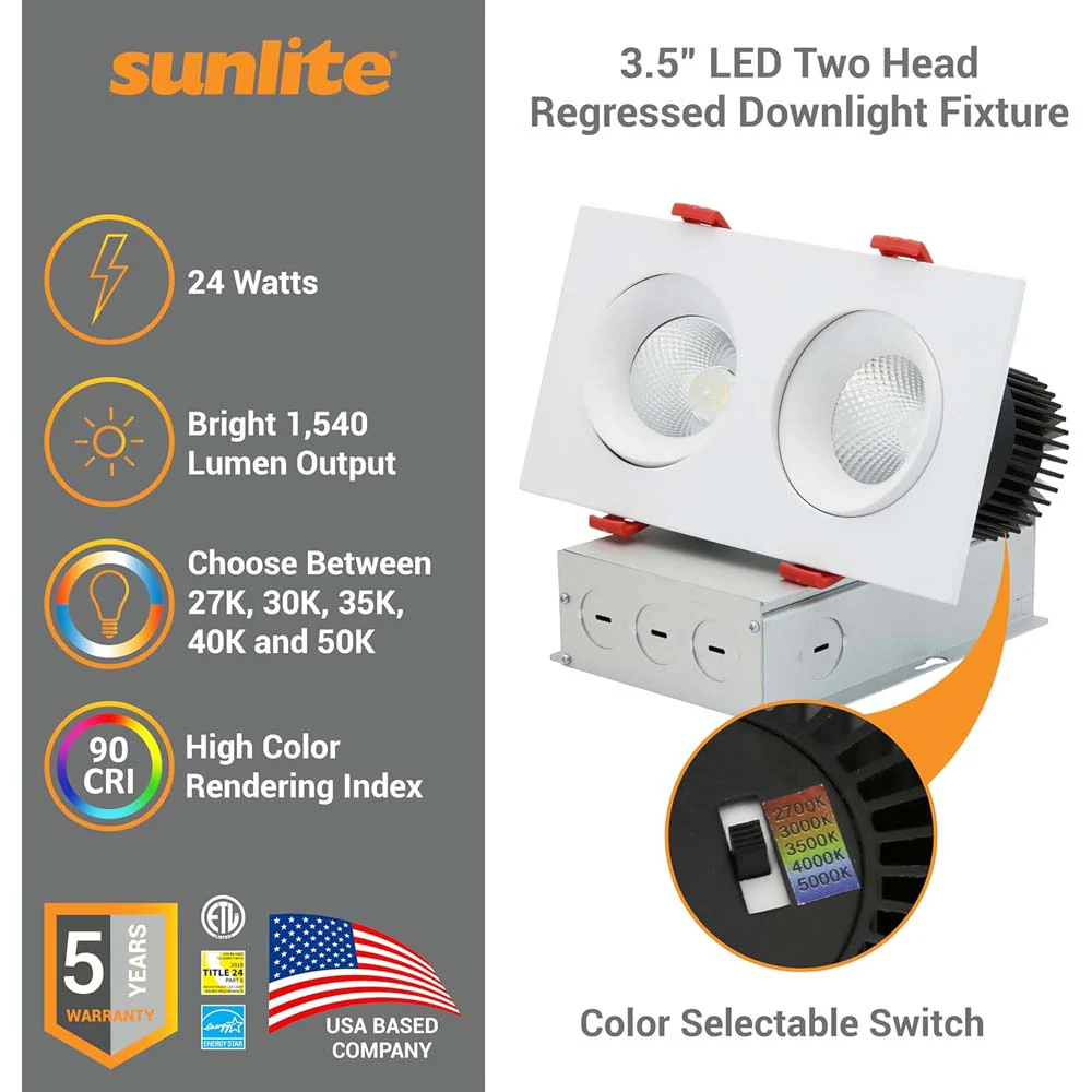 Sunlite 3.5-in 24w LED Two Head Gimbal Downlight Fixture CCT Tunable Dimmable - Image 3