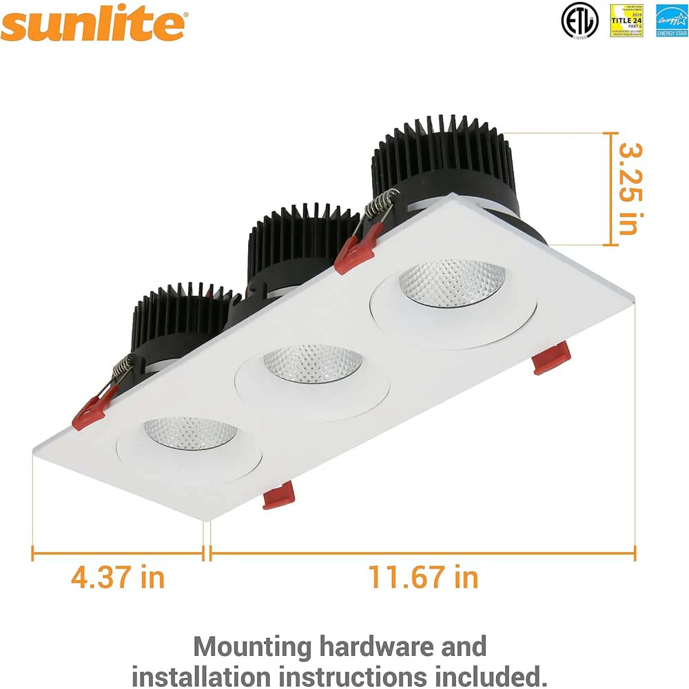 Sunlite 3.5-in 36w LED Three Head Gimbal Downlight Fixture CCT Tunable Dimmable - Image 2