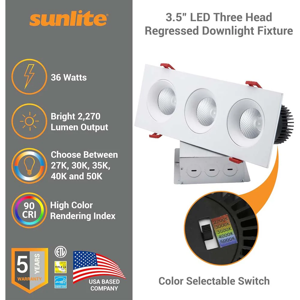 Sunlite 3.5-in 36w LED Three Head Gimbal Downlight Fixture CCT Tunable Dimmable - Image 3