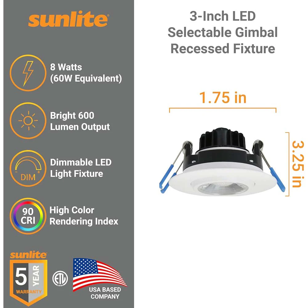Sunlite 3-In 8w Round Gimbal w/ J-Box Downlight Fixture CCT Selectable Dimmable - Image 2