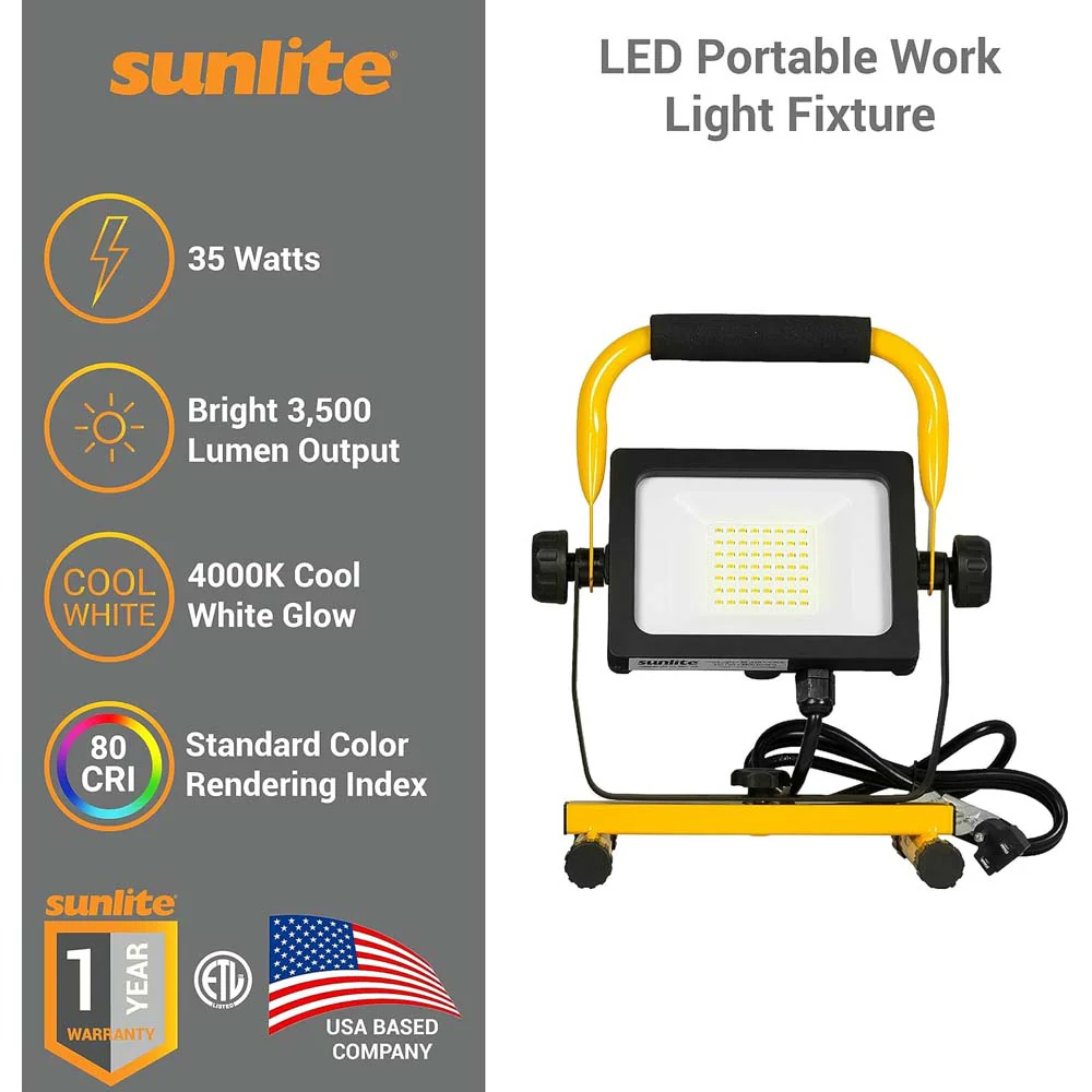 Sunlite 35w LED Portable Work Light Fixture 5F Power Cord 4000K Cool White - Image 3
