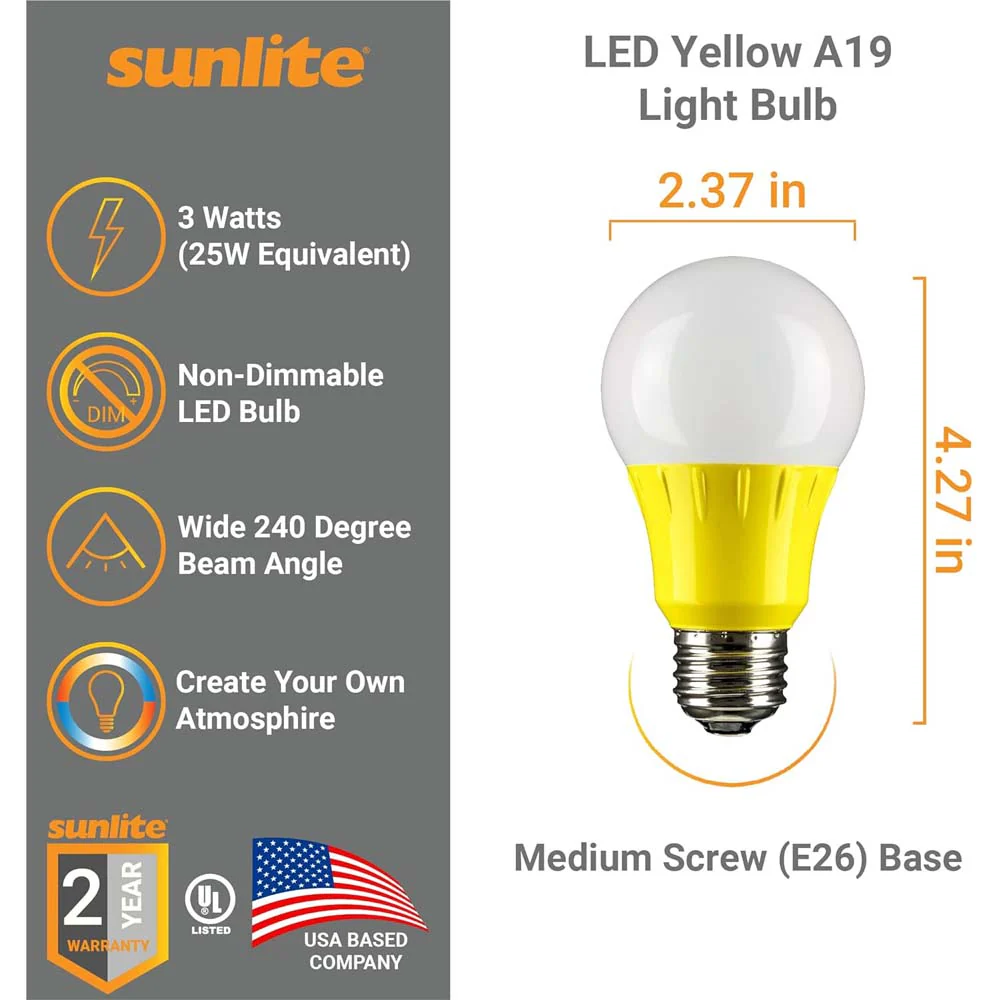 Sunlite 3w LED A19 Yellow Colored Light Non-Dimmable Bulb - 25w Equiv - Image 2