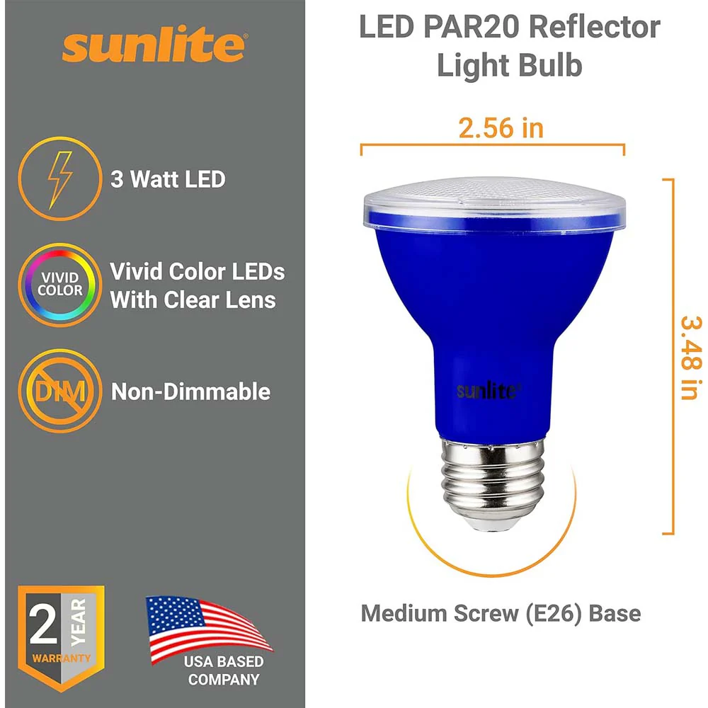 Sunlite 3w LED PAR20 Blue Colored Recessed E26 Base Floodlight Bulb - 50W Equiv - Image 2
