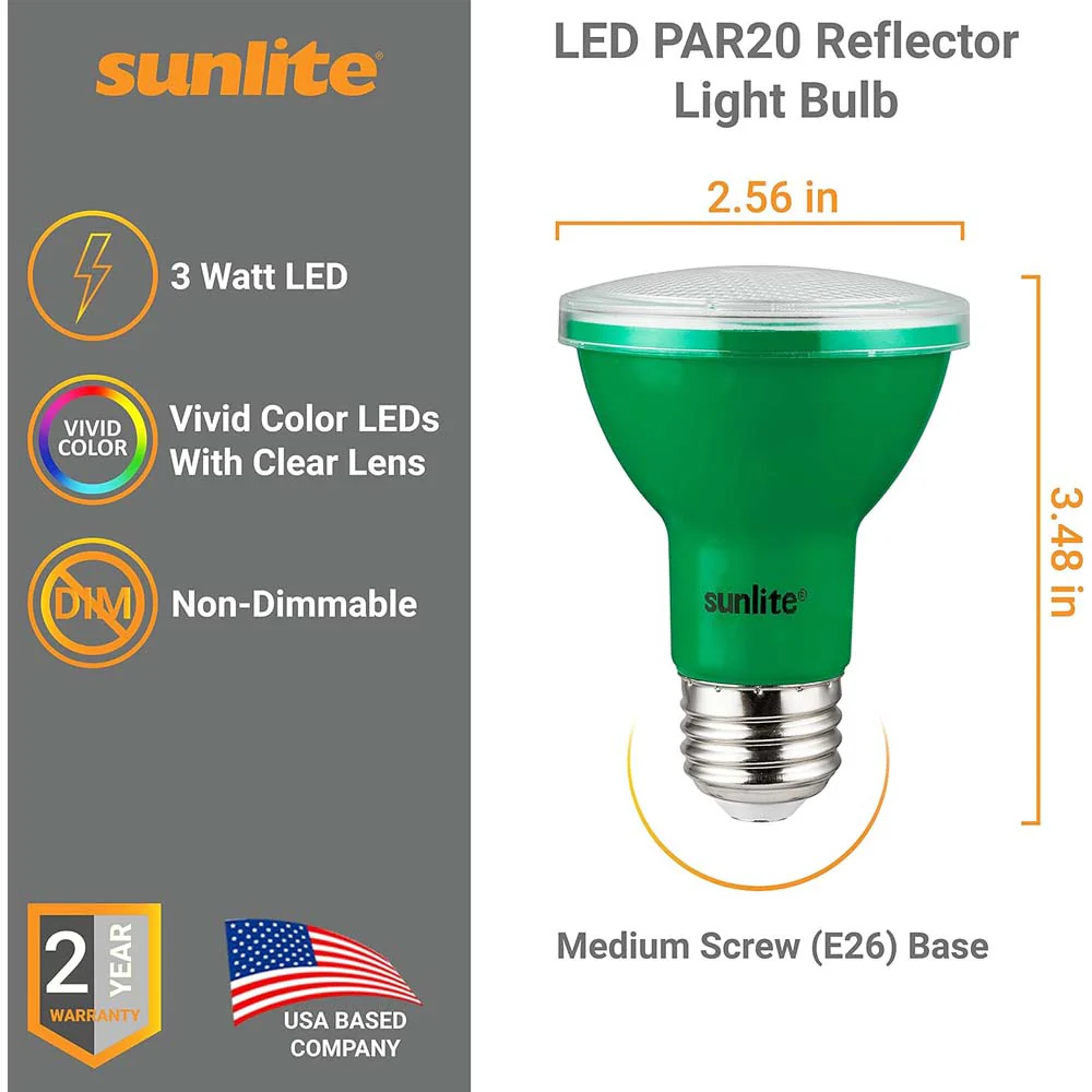 Sunlite 3w LED PAR20 Green Colored E26 Base Floodlight Bulb - 50W Equiv - Image 2