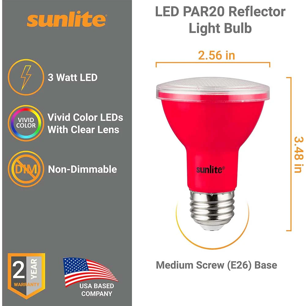Sunlite 3w LED PAR20 Red Colored E26 Base Floodlight Bulb - 50W Equiv - Image 2