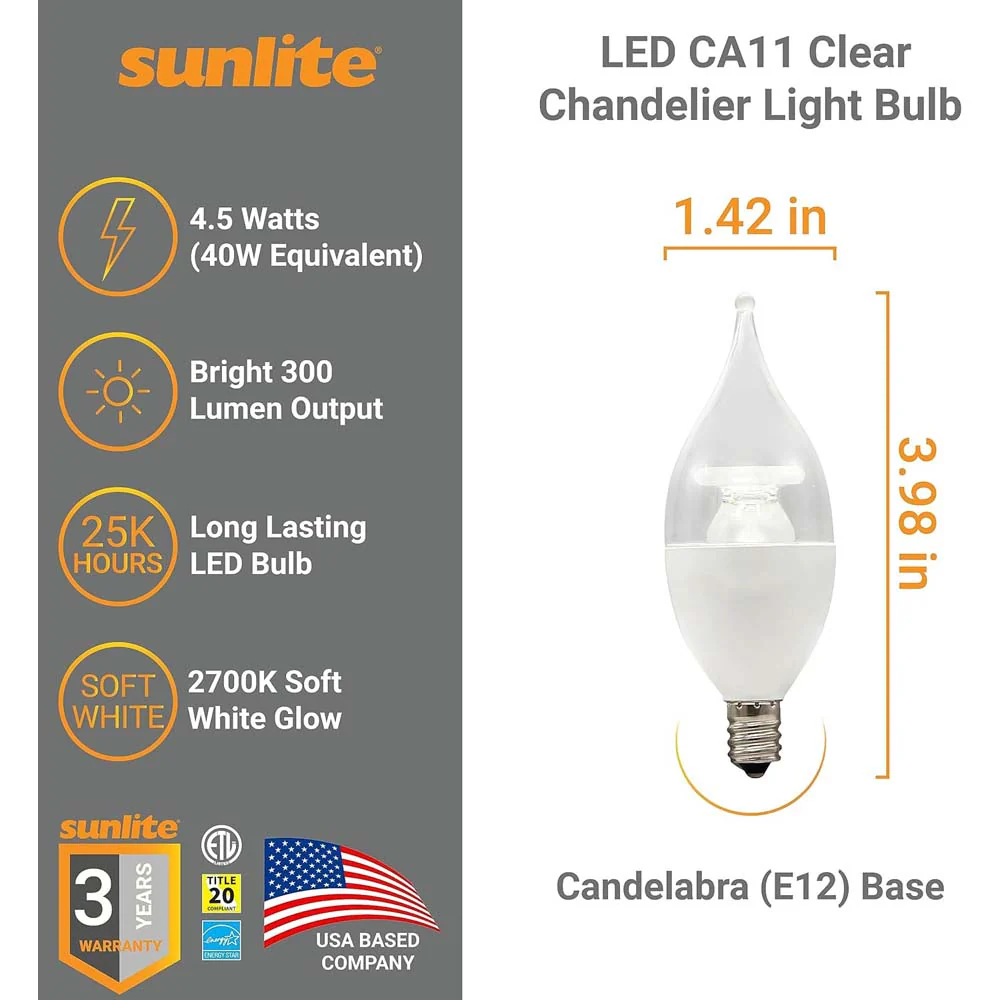 Sunlite 4.5w LED CA11 Clear Chandelier CFC E12 Base 2700K Bulb - 40W Equiv - Image 2