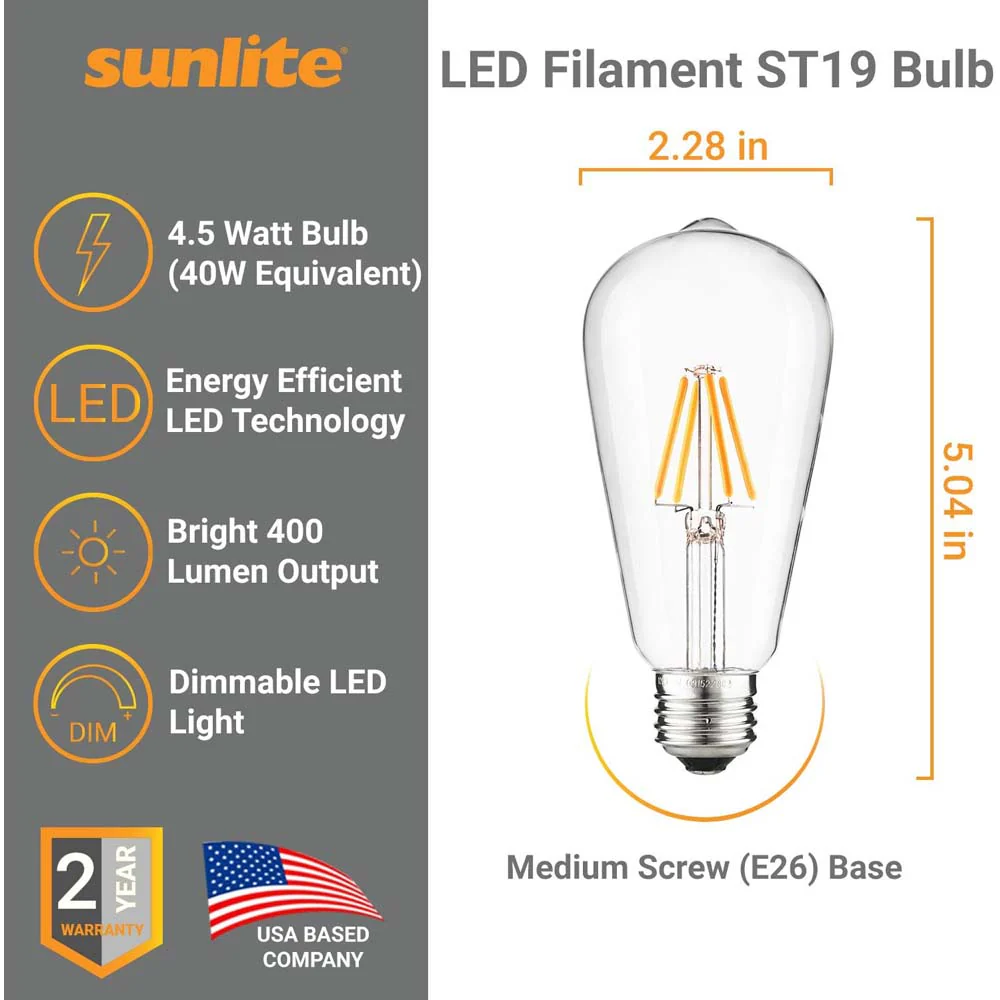 Sunlite 4.5w LED ST19 Filament Style Edison E26 2700K Bulb - 40W Equiv - Image 2