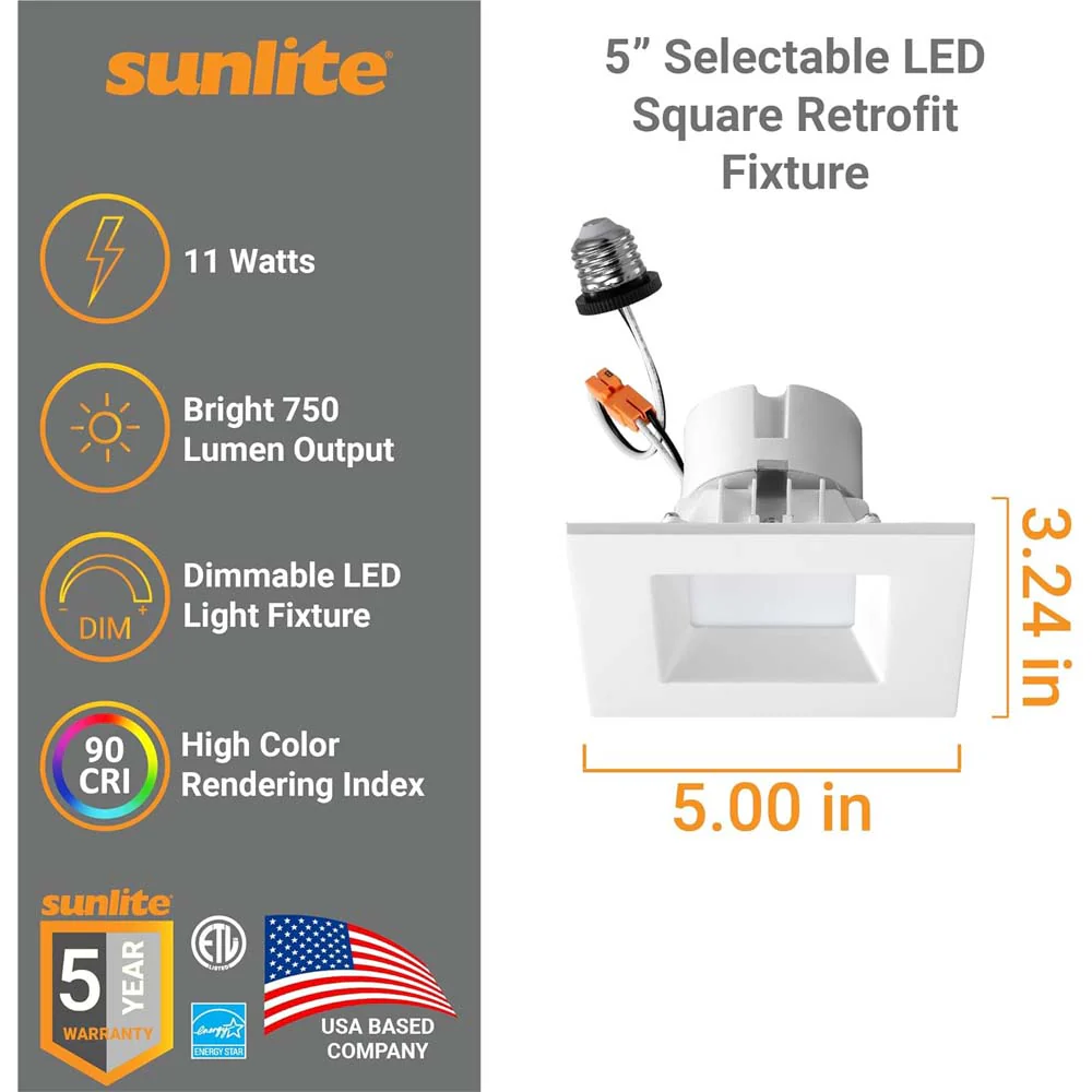 Sunlite 4-In 11w LED Square Retrofit Recessed Downlight CCT Selectable Dimmable - Image 3
