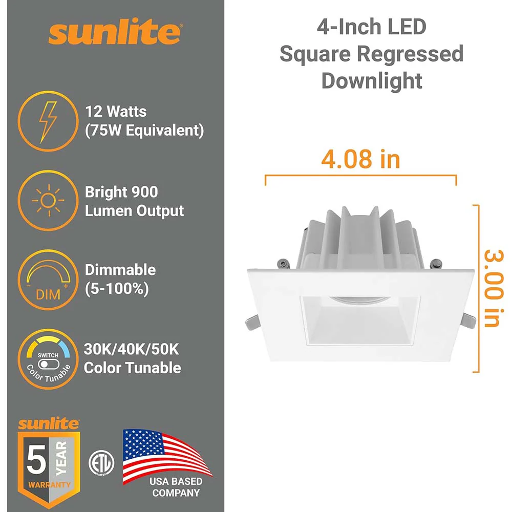 Sunlite 4-In 12w LED Square Regressed Downlight Fixture CCT Selectable Dimmable - Image 3