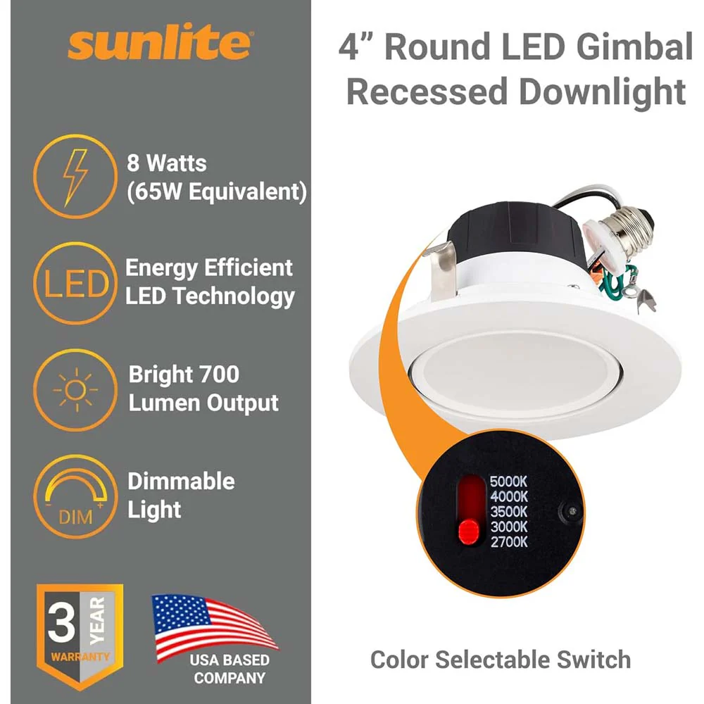 Sunlite 4-In 8w LED Round Retrofit Gimbal Downlight CCT Selectable - 65W Equiv - Image 3