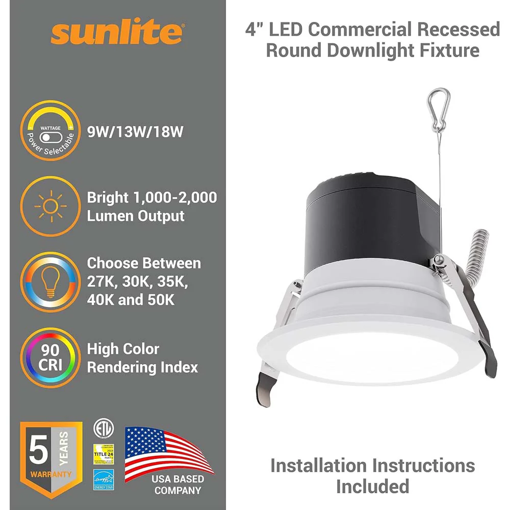 Sunlite 4-in LED Recessed Round Downlight CCT Wattage Lumens Selectable Fixture - Image 2