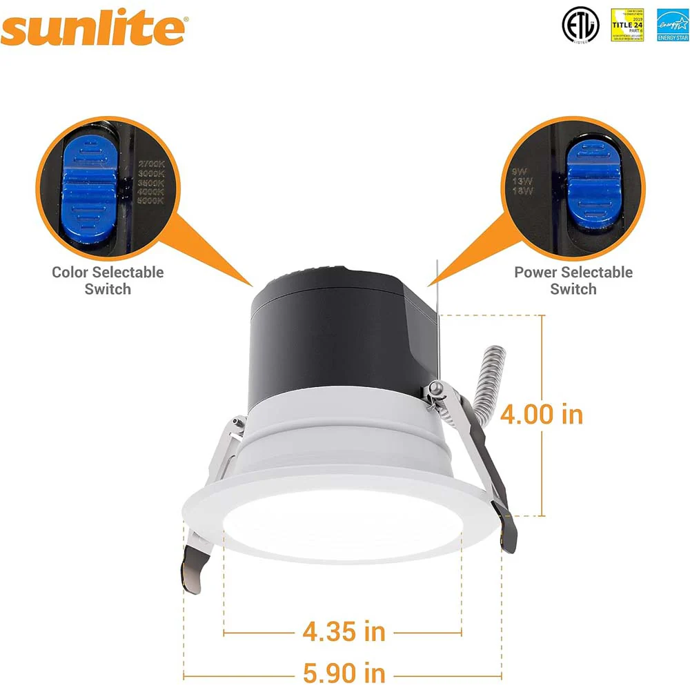 Sunlite 4-in LED Recessed Round Downlight CCT Wattage Lumens Selectable Fixture - Image 4