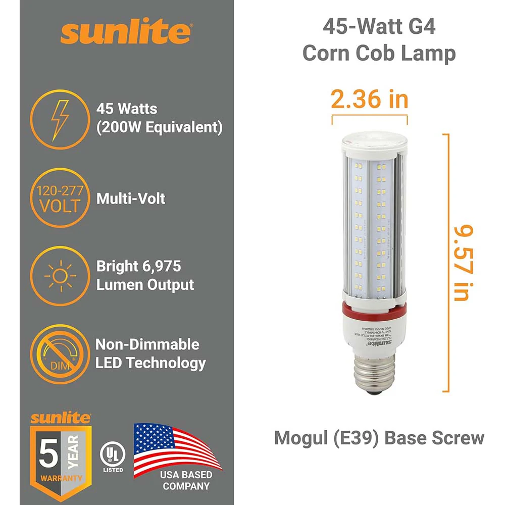 Sunlite 45w LED G4 Corncob Bulb 120-277v E39 Mogul Base 5000K Bulb - 200w Equiv - Image 2