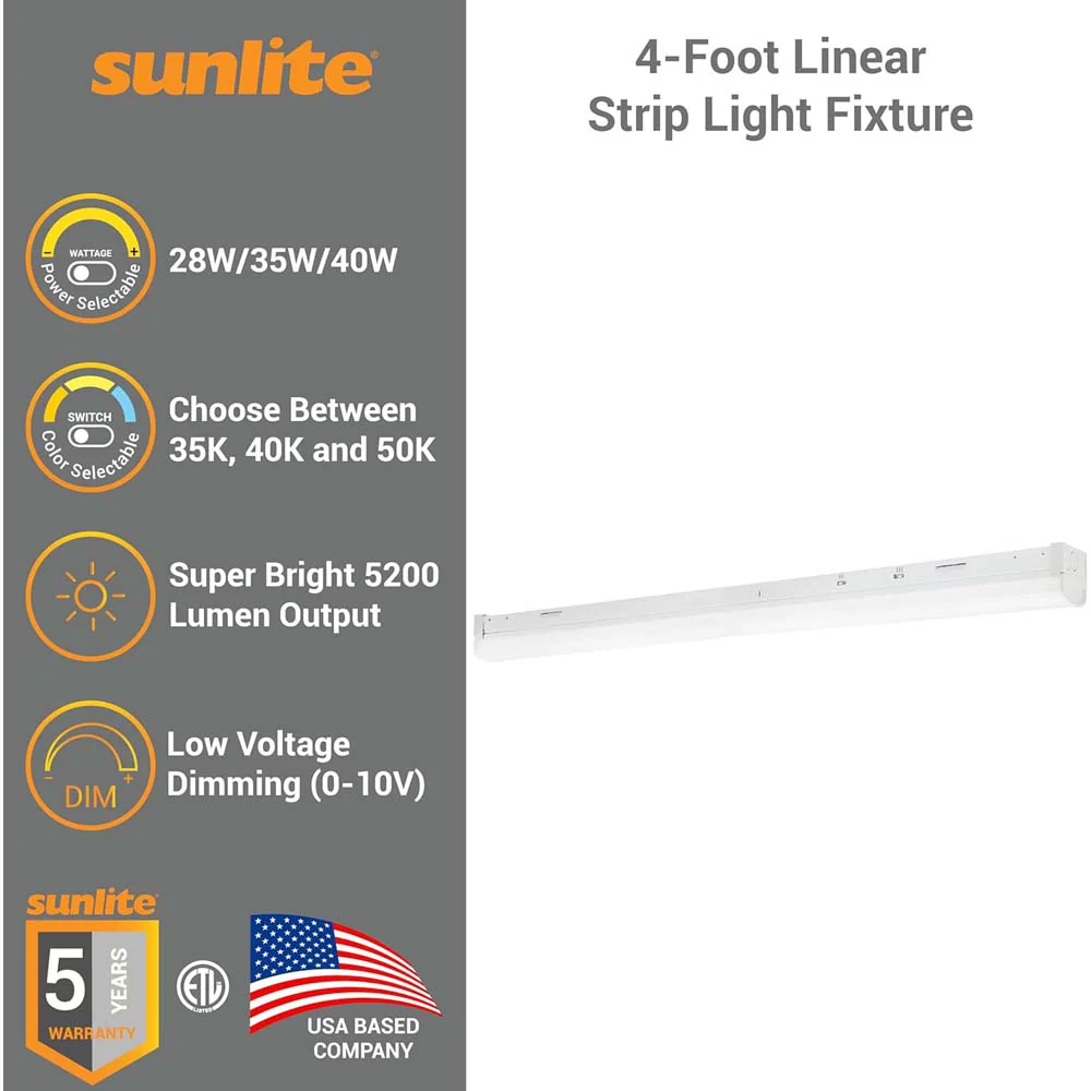 Sunlite 48-in LED Linear Strip Fixture CCT Wattage Selectable Dimmable 120-277v - Image 2