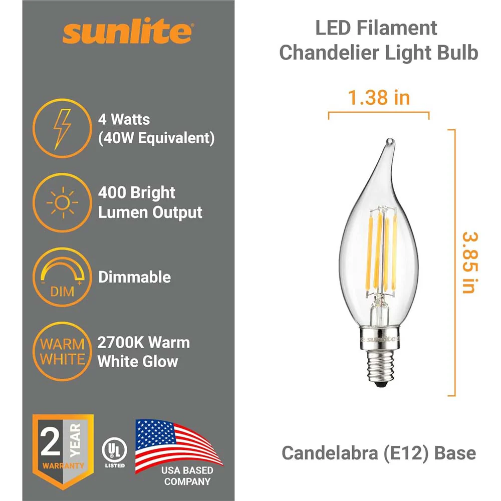 Sunlite 4w LED Filament Flame Tip Chandelier E12 2700K Bulb - 40W Equiv - Image 2