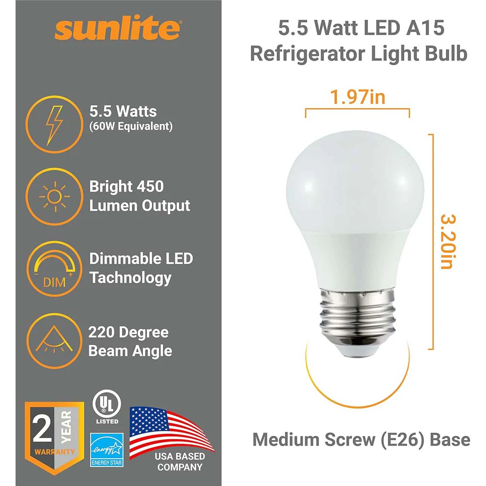 Sunlite 5.5w 120v LED A15 Refrigerator E26 Base 4000K Frosted Bulb - 40W Equiv - Image 2