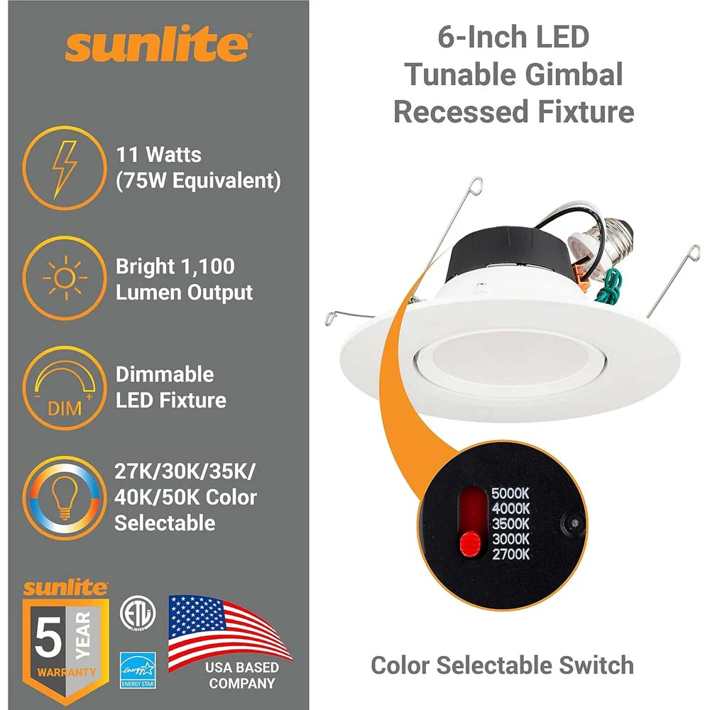 Sunlite 5-6-In 11w LED Gimbal Recessed Downlight Fixture CCT Selectable Dimmable - Image 4