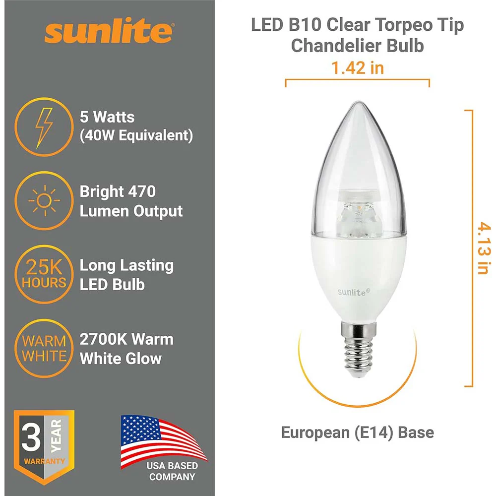 Sunlite 5w LED B10 Clear Torpedo Tip Chandelier E14 2700K Bulb - 40W Equiv - Image 2