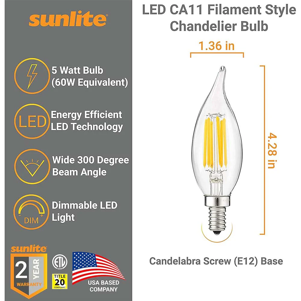 Sunlite 5w LED Filament CA11 Flame Tip Chandelier E12 4000K Bulb - 60W Equiv - Image 2
