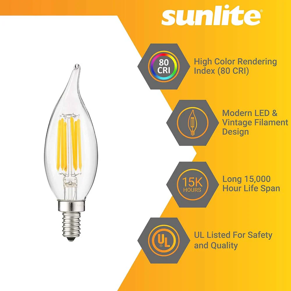 Sunlite 5w LED Filament CA11 Flame Tip Chandelier E12 4000K Bulb - 60W Equiv - Image 3
