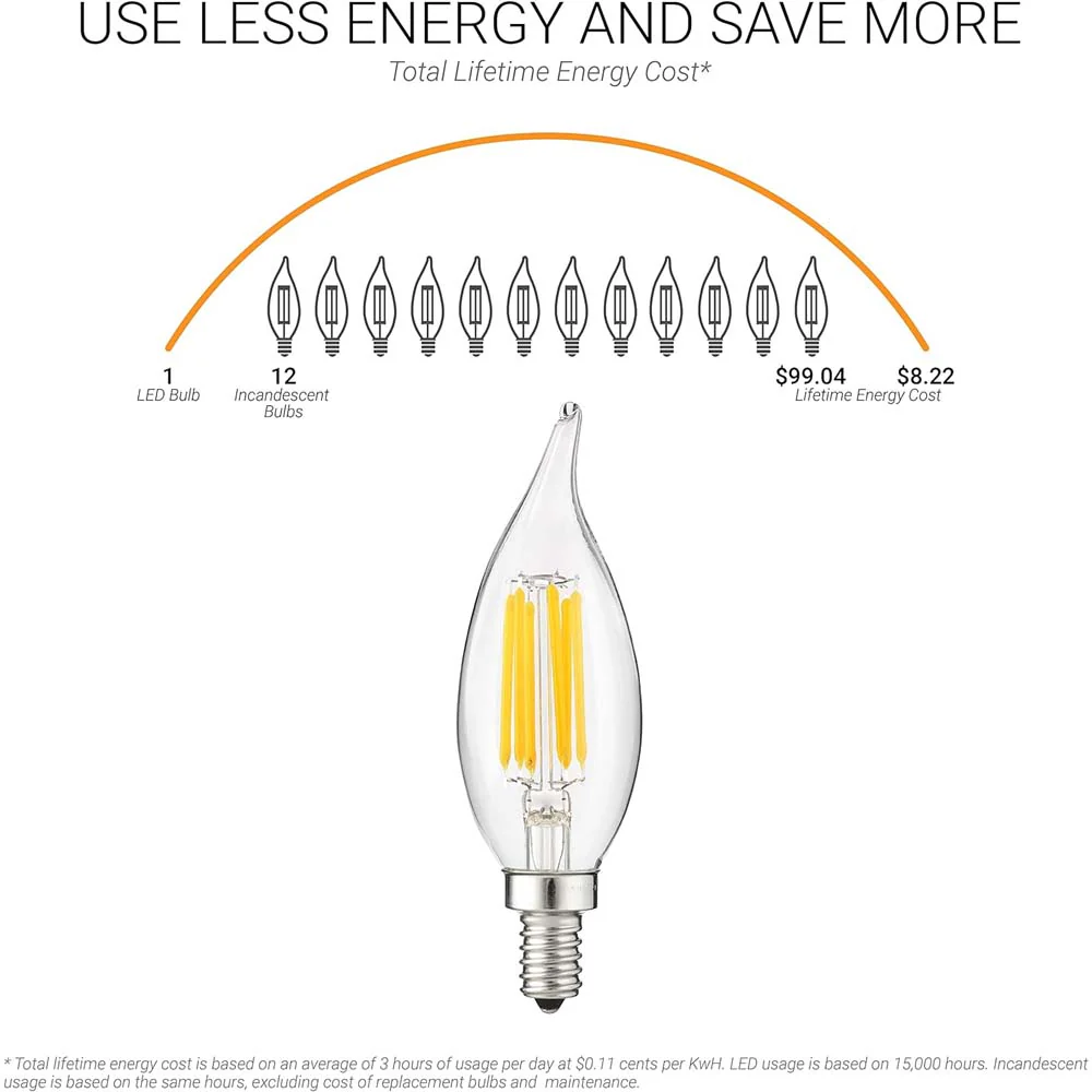 Sunlite 5w LED Filament CA11 Flame Tip Chandelier E12 4000K Bulb - 60W Equiv - Image 7