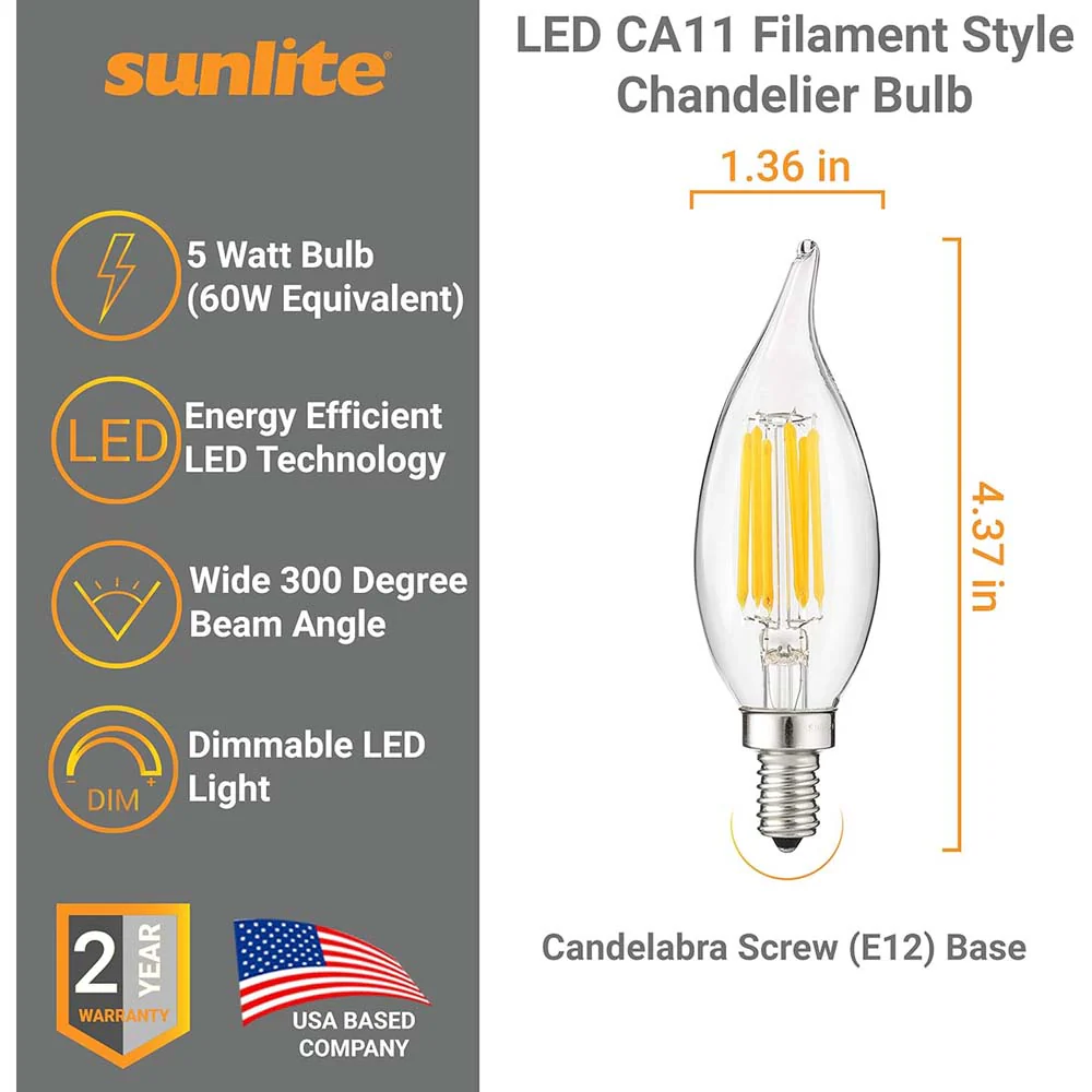 Sunlite 5w LED Filament CA11 Flame Tip Chandelier E12 5000K Bulb - 60W Equiv - Image 2